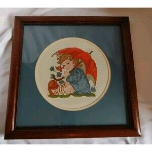 14X14" Needlepoint Framed Pictures Cross Stitch Art 70s Girl Flowers Parasol